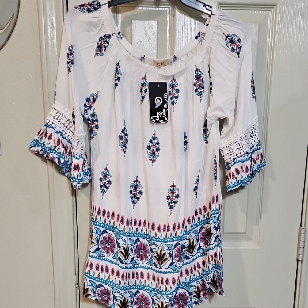 White and Blue Ruffled 3/4 Sleeve Blouse